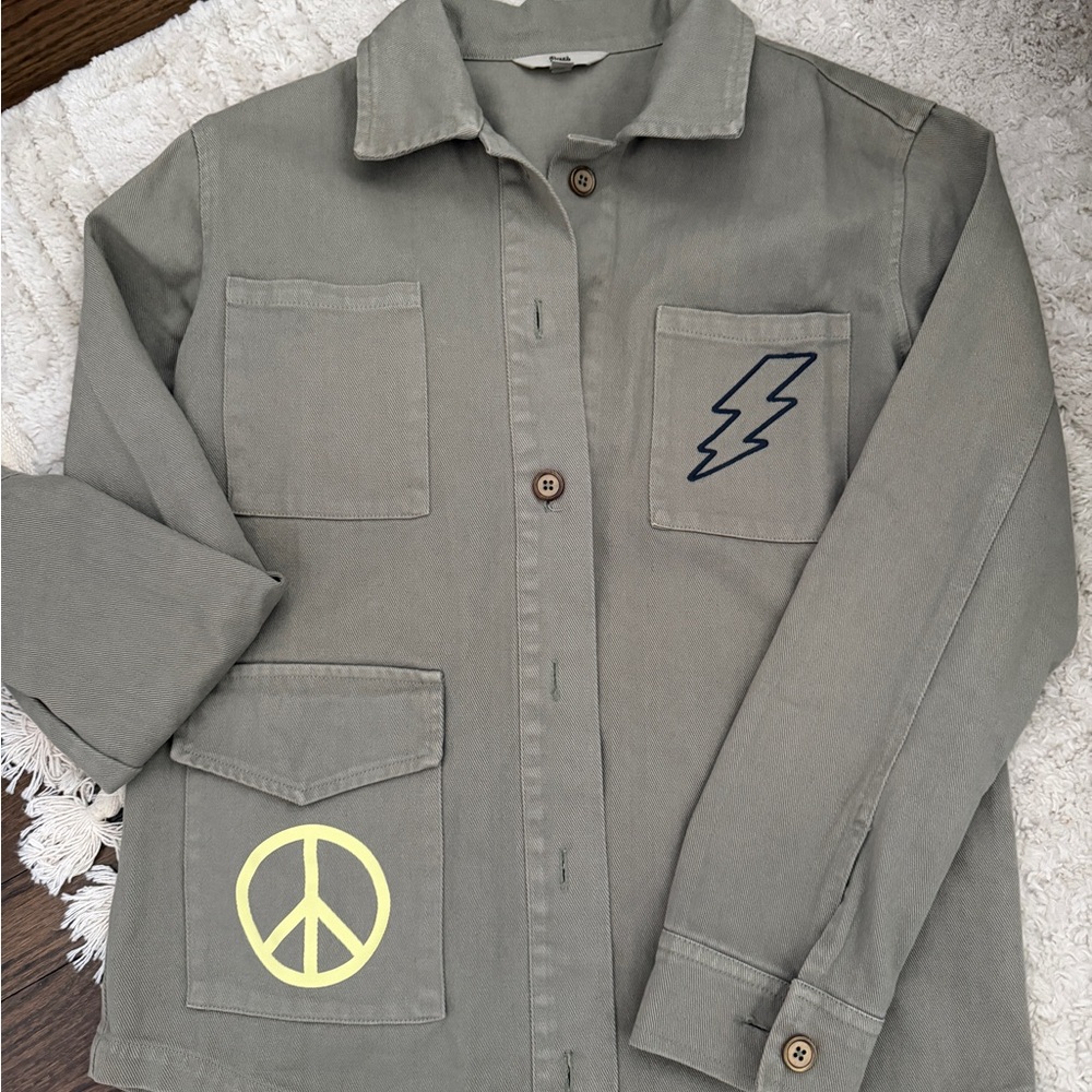 Olive Green Utility Jacket with Peace and Lightning Patches